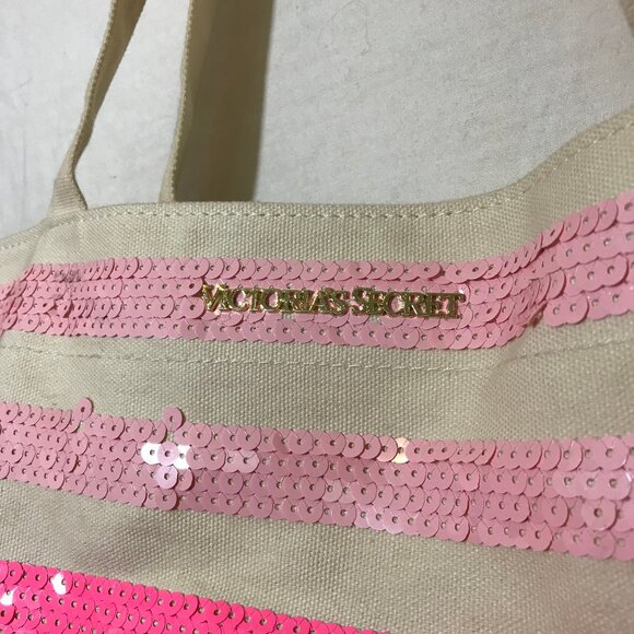 Victoria's Secret Pink & White Sequin Tote Bag 2016 Sparkly Bling Glam EUC Vacay - Picture 7 of 14